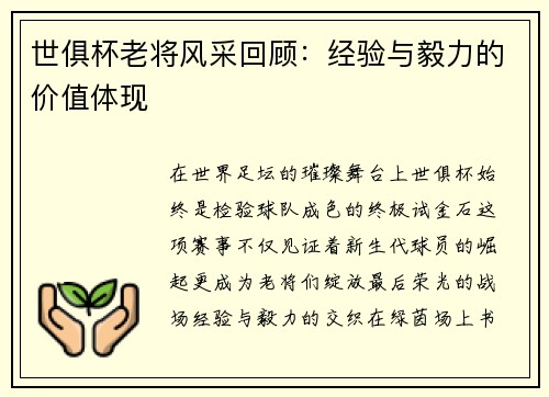 世俱杯老将风采回顾：经验与毅力的价值体现