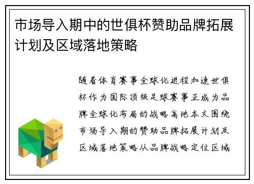 市场导入期中的世俱杯赞助品牌拓展计划及区域落地策略